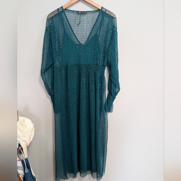 Zara Green Long Sleeve Dress Weddings Slip Sheer Midi Gorgeous Deep Green Small - Picture 16 of 16